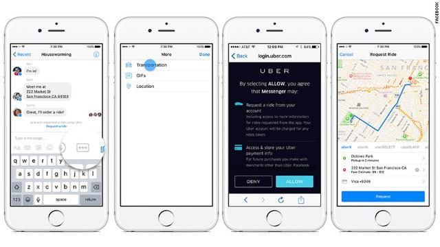 Facebook聊天工具Messenger植入Uber专车