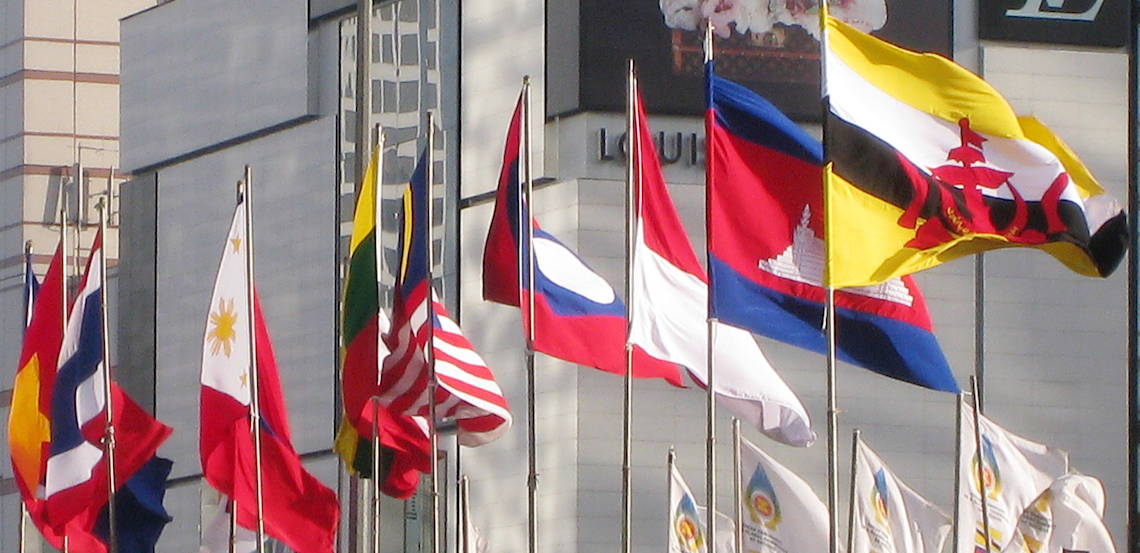 The flags of ASEAN nations raised in MH Thamrin Avenue, Jakarta, during 18th ASEAN Summit, Jakarta, 8 May 2011.